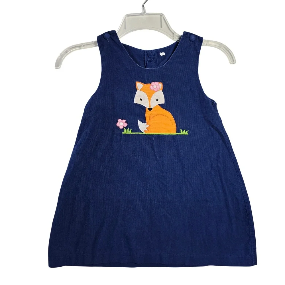 Vintage Girls 3T Blue Corduroy Jumper Dress Fox Applique Fall Autumn Cottagecore